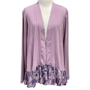LOGO Lori Goldstein Open Front Top Rayon Kimono Purple White Artsy Chiffon M